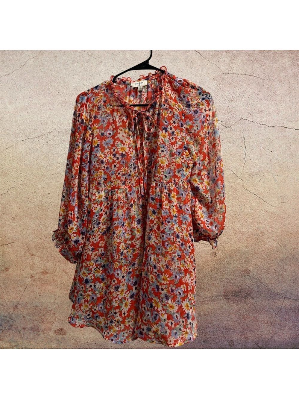 Umgee Red Multi Floral Long Sleeve Tie-Neck Midi Babydoll Dress size M